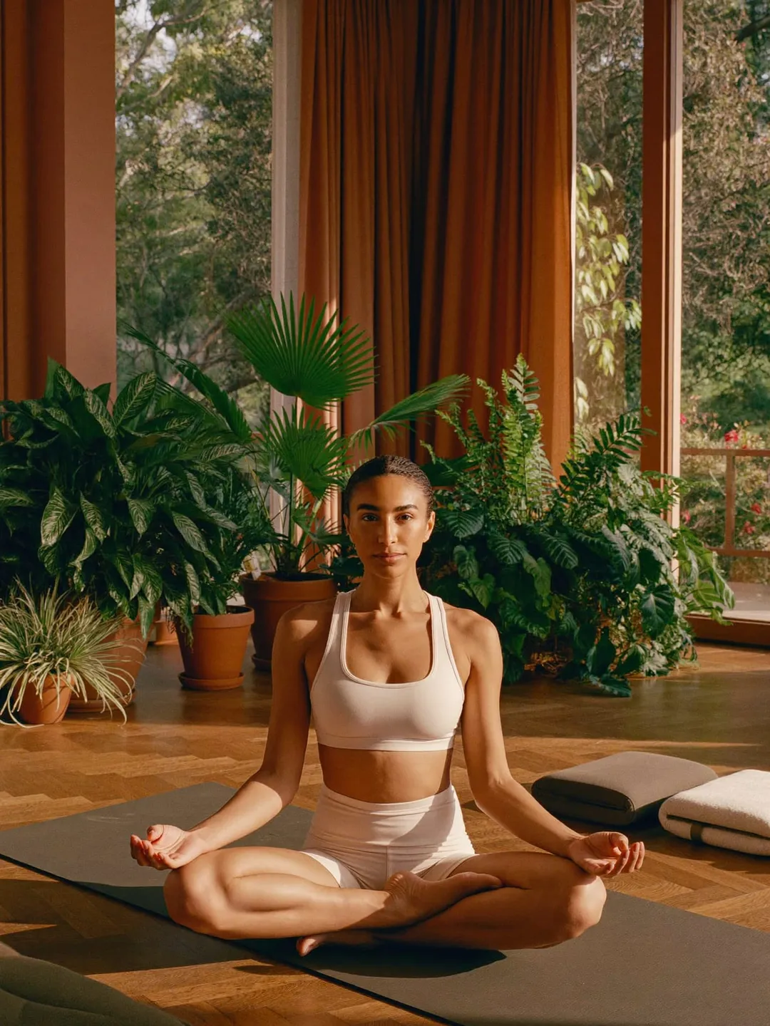 Femme en posture de yoga, recentrée et apaisée, au Jungle Studio
